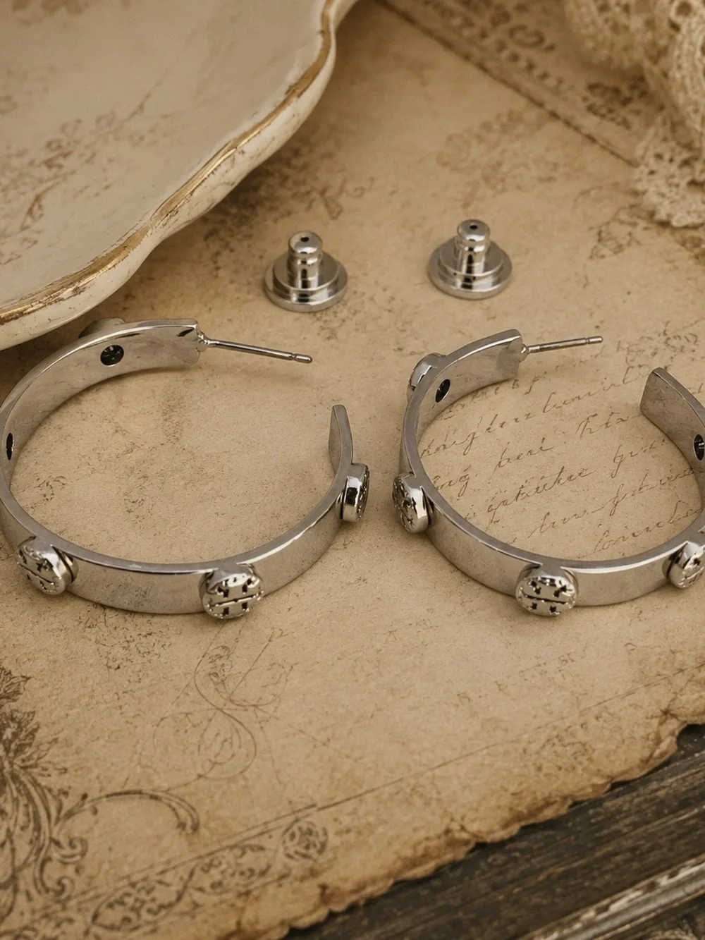 TORY BURCH • Silver Milgrain Logo Hoop Earrings Includes Tory Burch Jewelry Bag